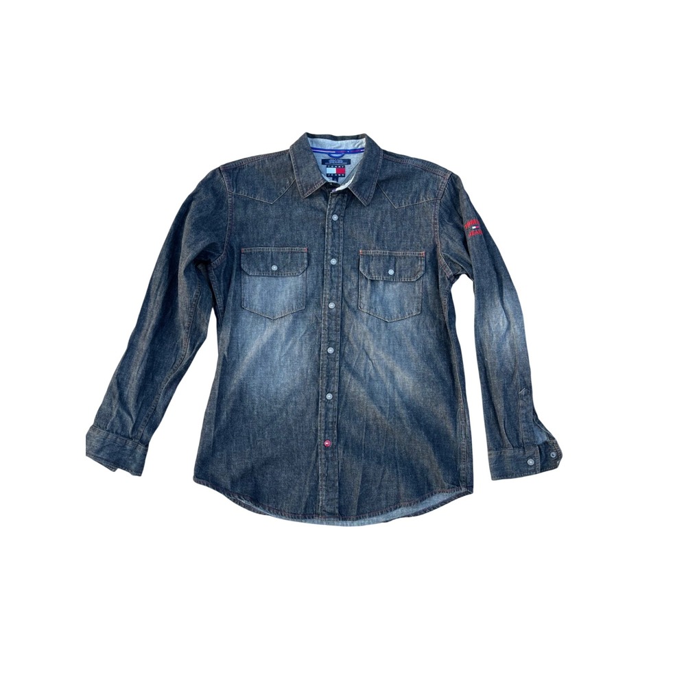 Tommy Jeans Mens Large Dark Wash Denim Western Snap Shirt Vintage Style Logo